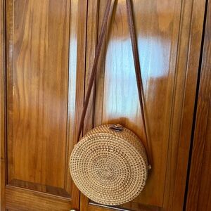 Round Woven Tan Crossbody Bag